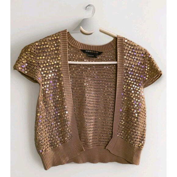 BCBGMAXAZRIA Gold Sequin Bolero Shrug Cap Sleeve 100% Silk M - Picture 1 of 5